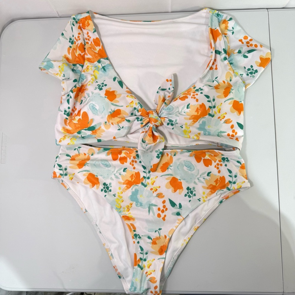 Cupshe Floral Bikini Set Tie‎ Front High Waisted Boho Size Large